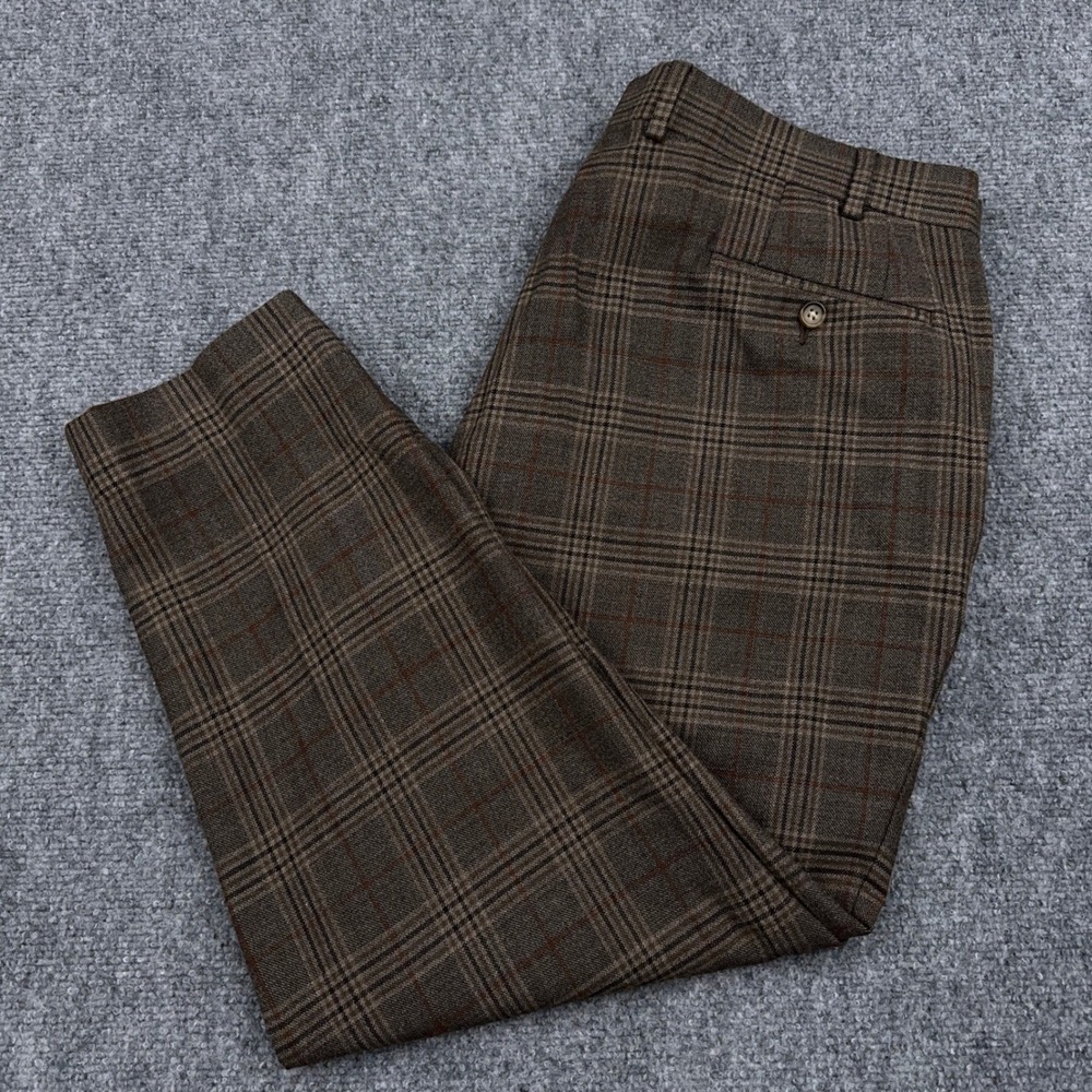 Lauren Ralph Lauren Dress Pants Men 38x30 Brown Glen Plaid Wool Blend HEMMED 26" - Picture 1 of 9